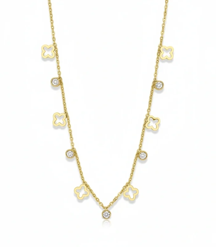 Cutout Clover and Crystal Dangle Station Necklace