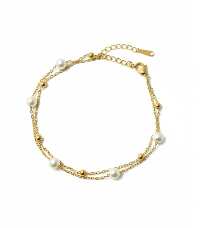 Double Layered Pearl & Gold Bead Anklet