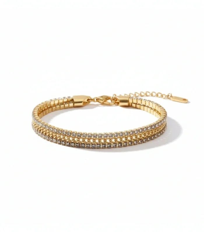 Double-Strand Crystal Tennis & Curb Chain Bracelet