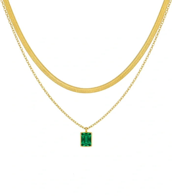 Emerald Green Rectangle Crystal Layered Snike Necklace
