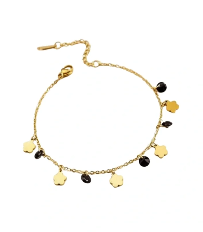 Flower and Black Crystal Charm Bracelet