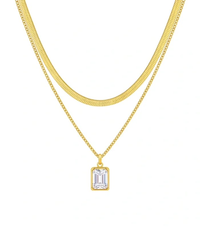 Layered Emerald-Cut Crystal Pendant Necklace