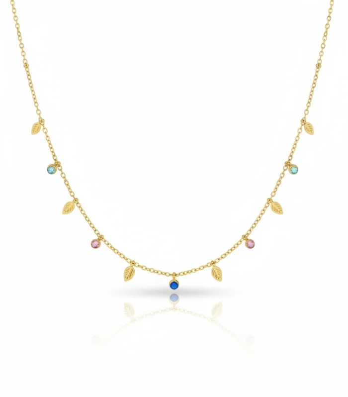 Leaf & Multi-Color Crystal Station Necklace