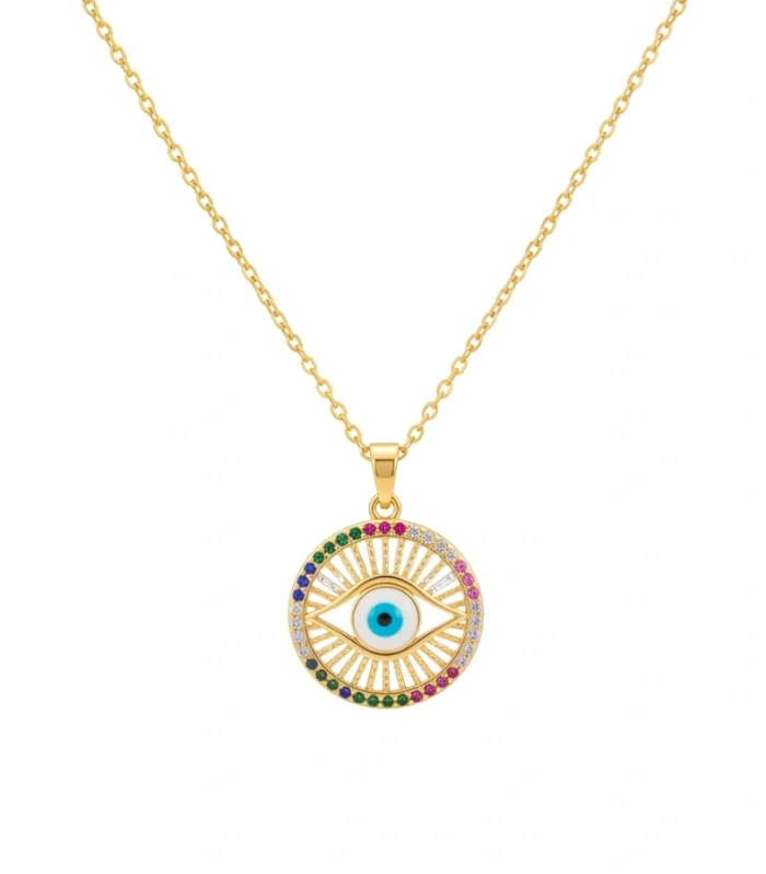 Multi-Color Crystal Evil Eye Sun Medallion Necklace