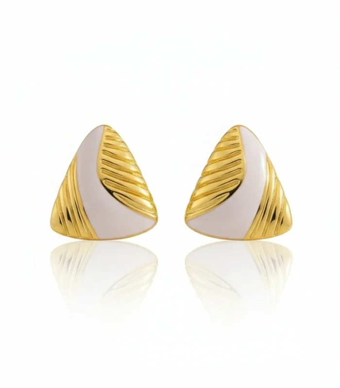 Ribbed White Enamel Triangular Stud Earrings