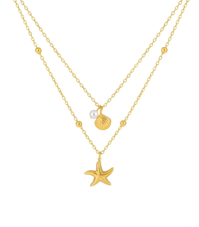 Starfish and Shell Layered Pearl Charm Necklace