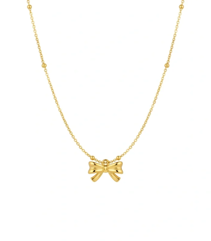 Textured Ribbon Bow Necklace on Beaded Satellite Chain